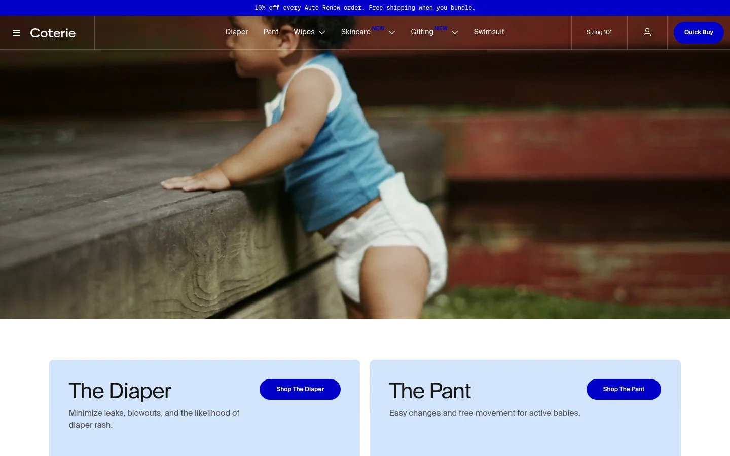 The desktop homepage features a large hero image of a baby in a diaper on wooden steps, with a navigation bar containing links for Diaper, Pant, Wipes, Skincare, Gifting, and Swimsuit. Below the hero section, two side-by-side light blue cards promote 'The Diaper' and 'The Pant' with respective call-to-action buttons. The color palette is clean with soft blues and neutral tones.