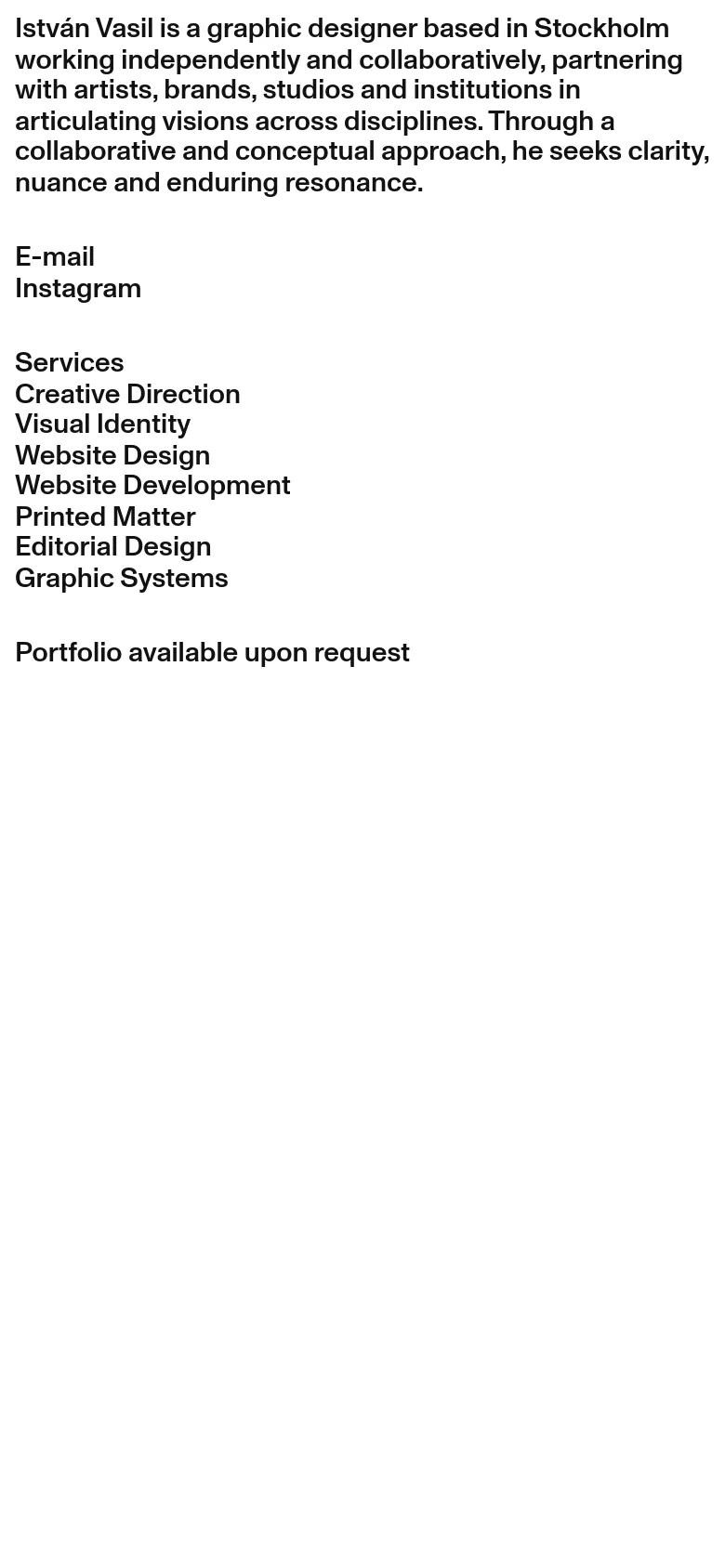 The mobile version maintains the minimalist aesthetic with a single-column vertical layout. The text is scaled for readability on a smaller screen, presenting the biography, contact links, and service list in a continuous downward flow.