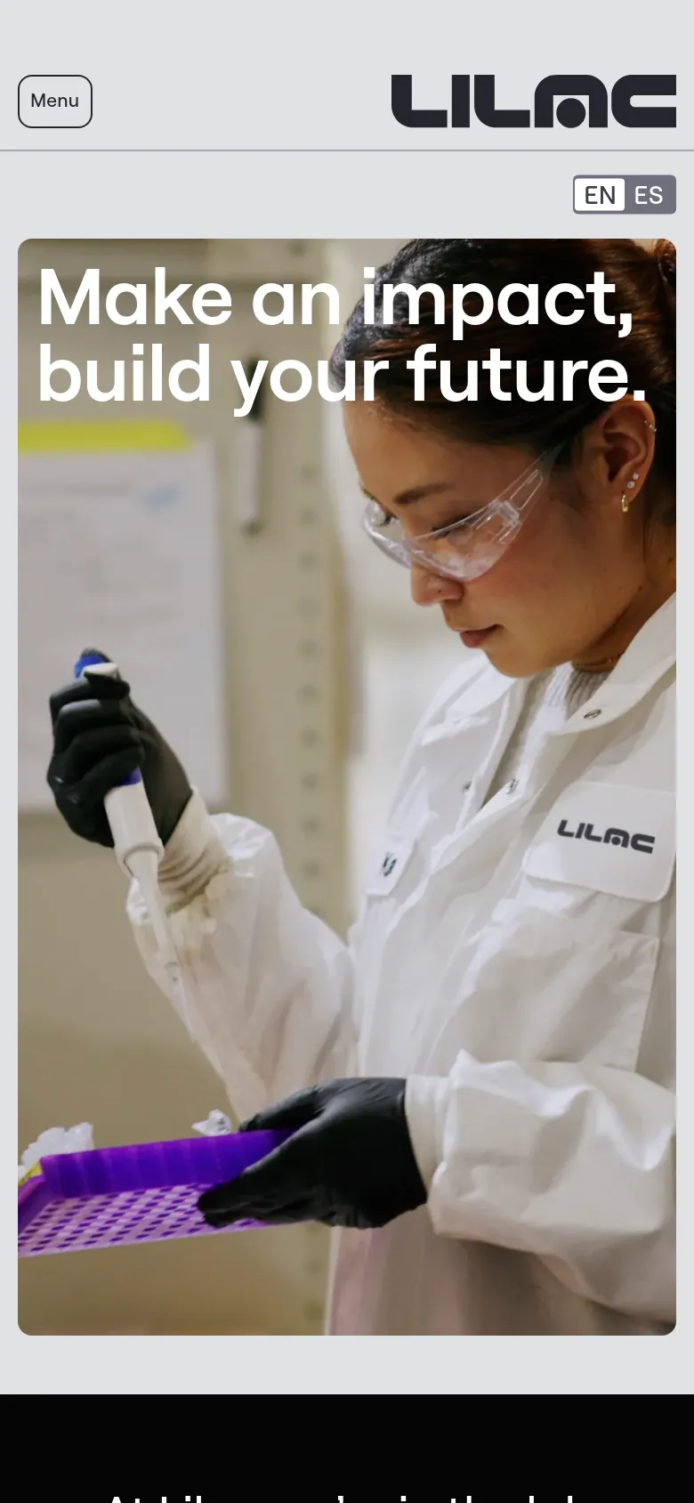 The mobile version presents a vertically oriented view of the hero section, with the headline 'Make an impact, build your future.' positioned at the top over the lab imagery. The navigation is condensed into a 'Menu' button on the top left, and the Lilac logo is centered in the header.