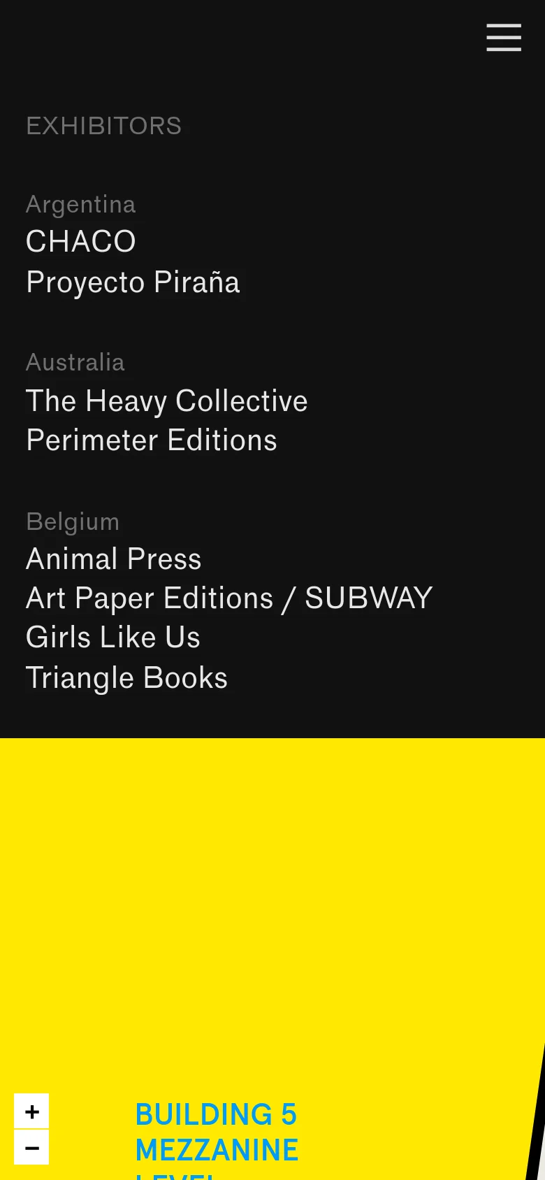 The mobile version maintains the dark theme and bold typography but utilizes a vertical stack for the exhibitor list. The navigation is condensed into a hamburger menu icon in the top right, and the bright yellow graphic element is positioned at the bottom of the screen, partially visible.