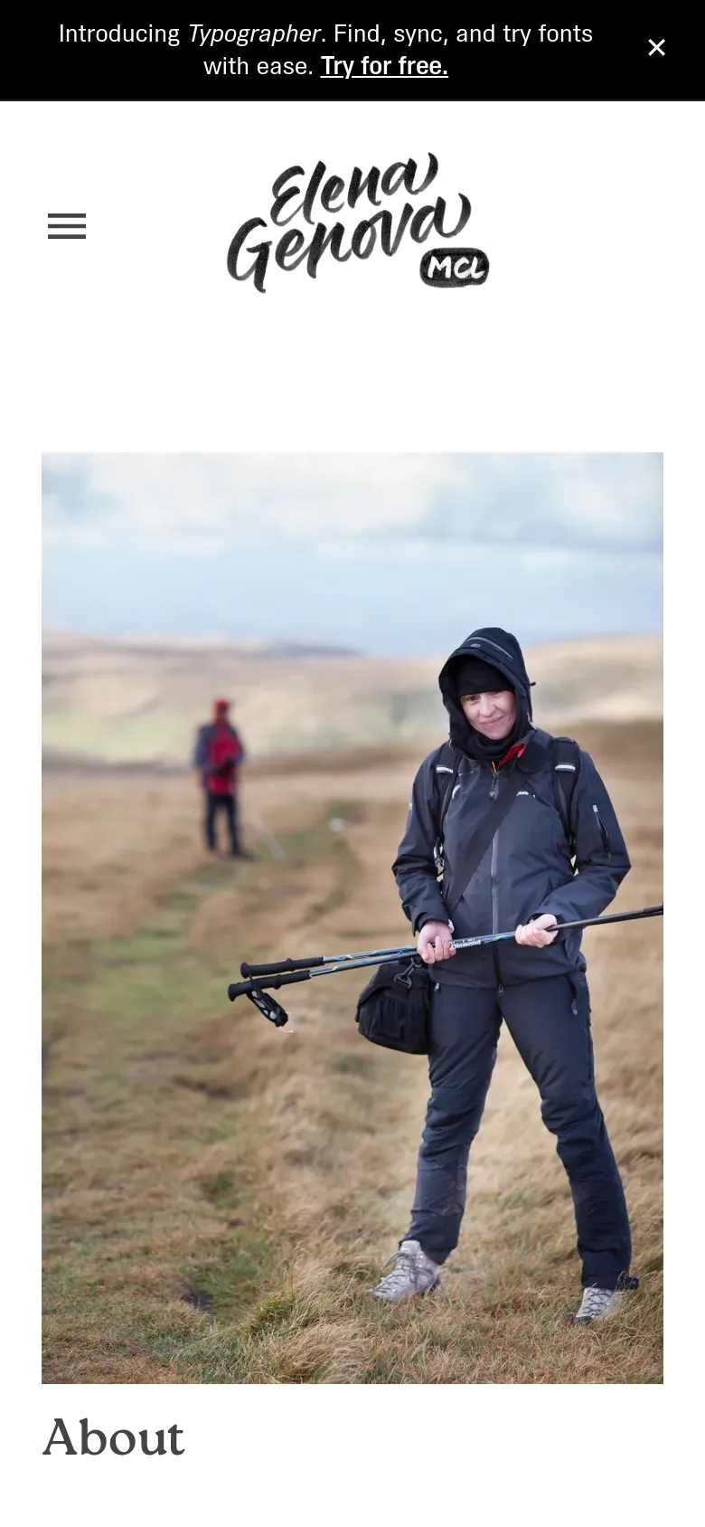 The mobile version displays a simplified header with a hamburger menu icon on the left and the Elena Genova MCL logo centered. A large, full-width hero image of a woman in hiking gear in a grassy landscape appears below the header, followed by the 'About' heading and biographical text.