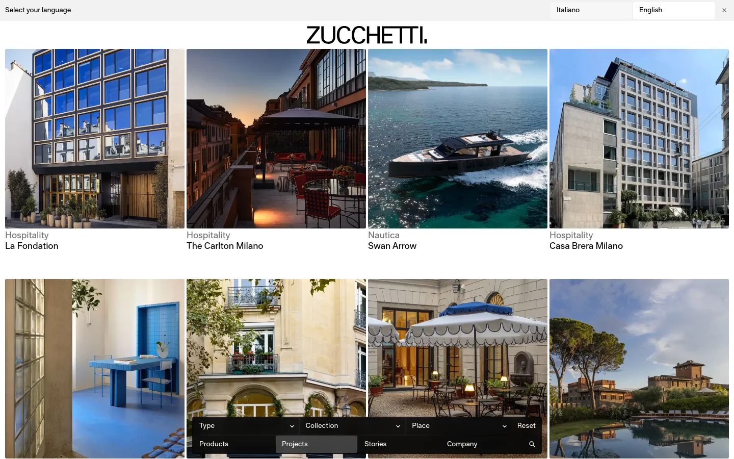 The Projects page features a clean, minimalist layout with a white background and the Zucchetti logo at the top center. A grid of large, high-quality rectangular images showcases various design projects, each labeled with a category like 'Hospitality' or 'Nautica' and a project title below. The desktop view displays four projects in a single row per section.