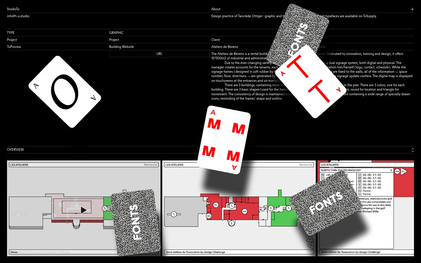 A dark-themed portfolio page for the Ateliers de Renens building website project. The layout features a black background with white text, organized into sections for Project, Client, and Type, alongside large, experimental typographic elements and a floor plan graphic. Large, stylized white letters and the word 'FONTS' overlap the text and images in a collage-like style.