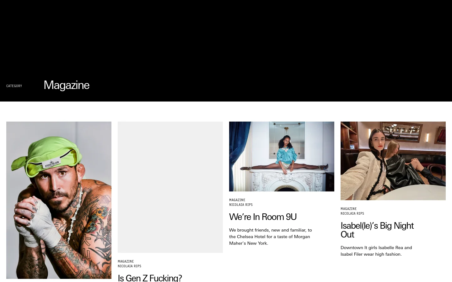 The i-D Magazine category page features a minimalist black header with the title 'Magazine' in white serif font. Below, a grid of large, high-quality editorial images showcases various articles, including a portrait of a tattooed man in a lime green hat and a woman sitting on a mantelpiece. The layout is clean with ample white space and uses black text for headlines and metadata.