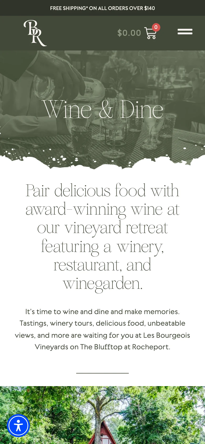 The mobile version simplifies the layout with a condensed header containing the LBV logo, a shopping cart icon, and a hamburger menu icon. The hero image remains prominent with the 'Wine & Dine' headline, but the text below is stacked vertically to fit the narrow screen, emphasizing the large serif headings and descriptive body text.