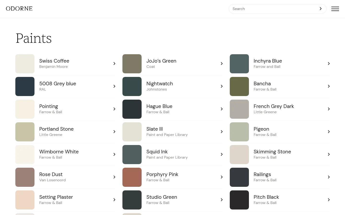 The desktop page features a clean, minimalist layout with a white background and a large 'Paints' heading. A grid of paint color options is displayed, each consisting of a square color swatch, the paint name, the brand name, and a right-pointing arrow. The colors range from light neutrals like Swiss Coffee to deep tones like Nightwatch.