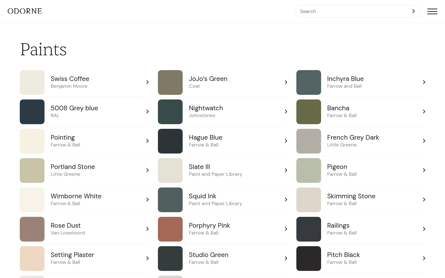 The desktop page features a clean, minimalist layout with a white background and a large 'Paints' heading. A grid of paint color options is displayed, each consisting of a square color swatch, the paint name, the brand name, and a right-pointing arrow. The colors range from light neutrals like Swiss Coffee to deep tones like Nightwatch.