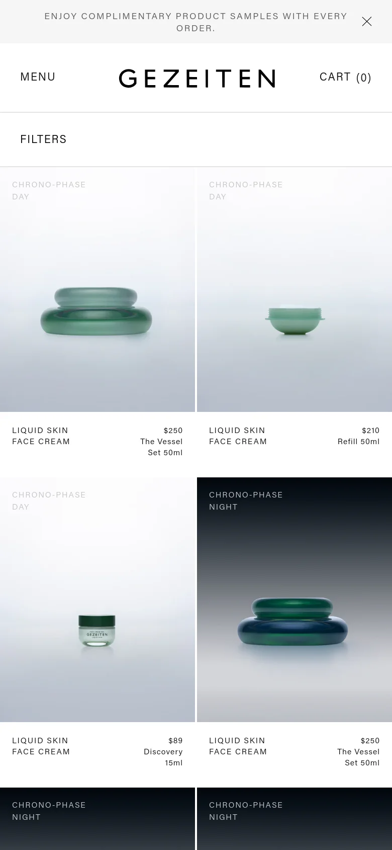 The mobile version simplifies the layout into a single-column vertical scroll, focusing on large product imagery and essential text. The top navigation is replaced by a 'MENU' button, and the product grid shifts to show one or two items per row to optimize readability on smaller screens. The clean, light color palette remains consistent with the desktop experience.