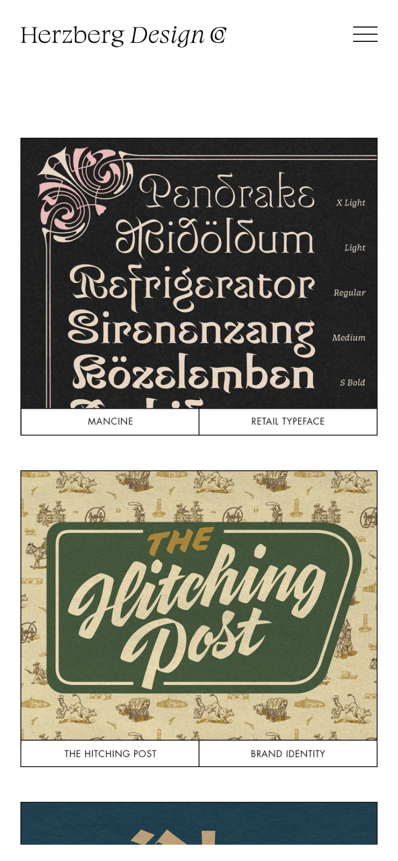 The mobile version simplifies the layout with a centered logo and a hamburger menu icon in the top right. The portfolio project tiles are stacked vertically in a single column, displaying large imagery of design projects like 'Mancine' and 'The Hitching Post' with descriptive text underneath.