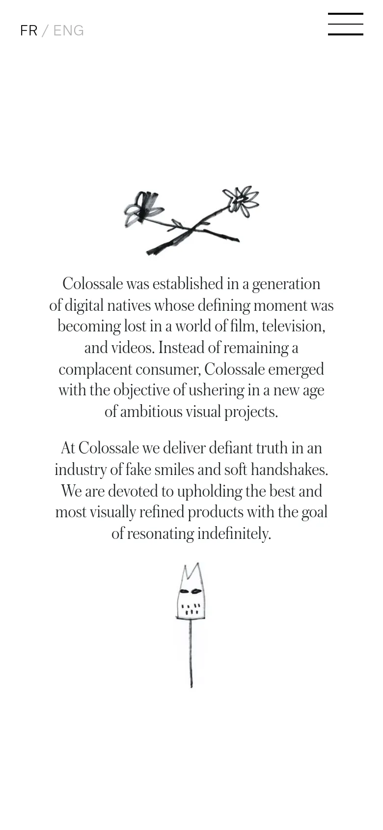 The mobile version maintains the minimalist aesthetic and centered text layout on a light gray background. The hand-drawn sketches are repositioned to fit the narrower viewport, and the top navigation is simplified to 'FR / ENG' and a larger hamburger menu icon.