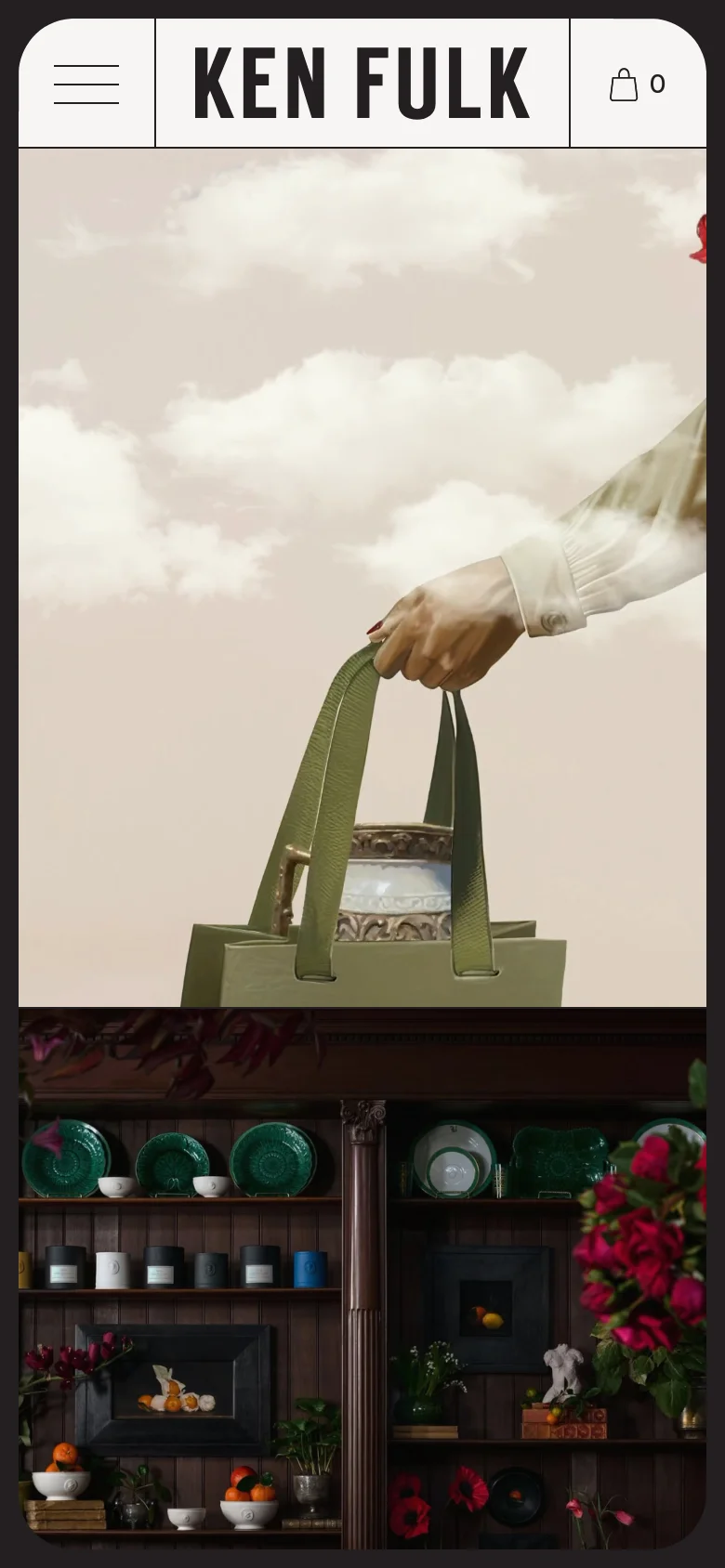 The mobile version simplifies the navigation into a hamburger menu, the Ken Fulk logo, and a shopping bag icon. The hero imagery is vertically oriented, showing a close-up of a hand holding a green shopping bag with floral accents against a cloudy sky background.