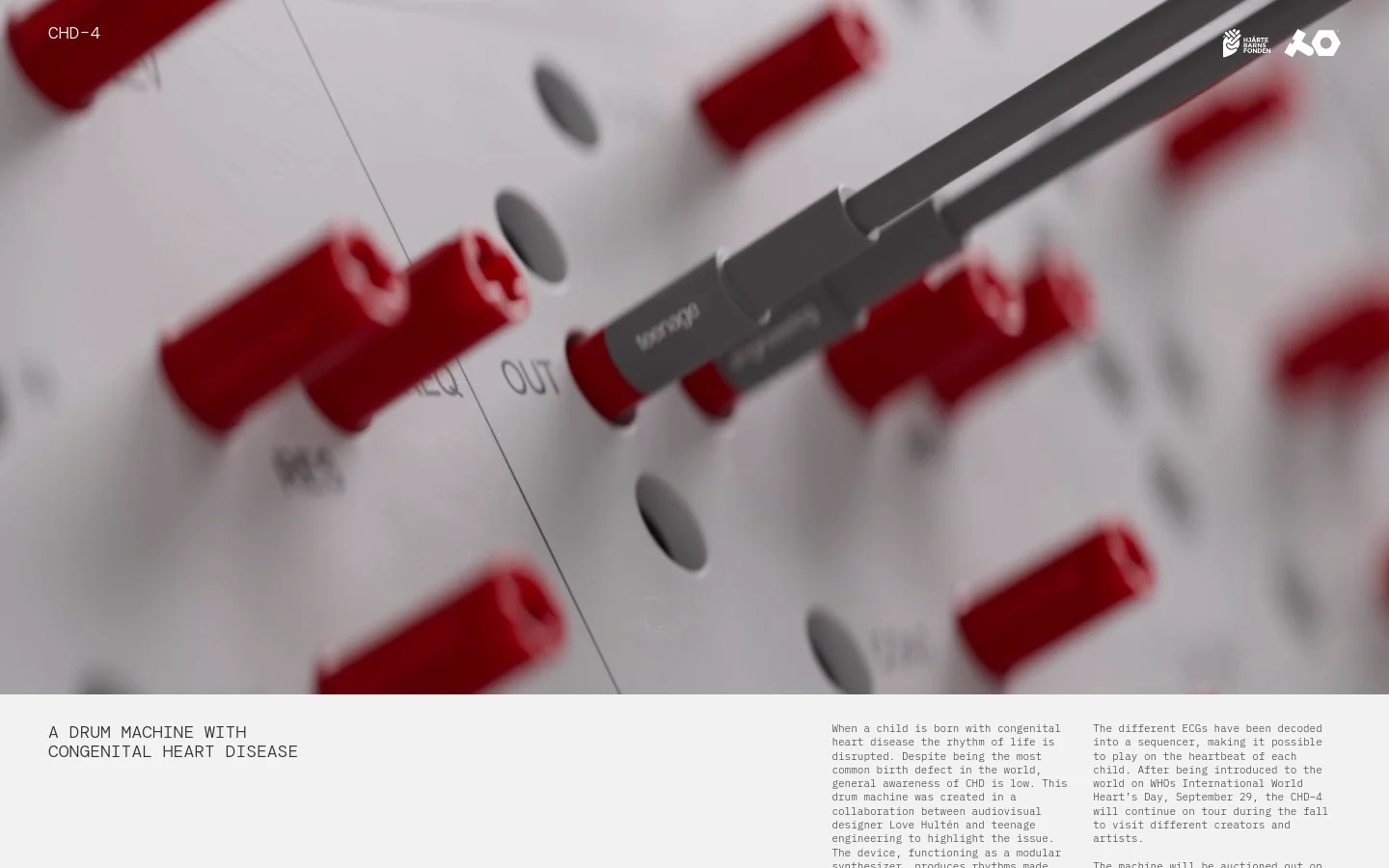 A large hero image shows a close-up, shallow depth-of-field shot of the CHD-4 drum machine, featuring red knobs and grey cables on a white panel. The headline 'A DRUM MACHINE WITH CONGENITAL HEART DISEASE' and logos for Heartchild Foundation and Teenage Engineering are overlaid on the image. Below the hero section, text describes the project's mission and the device's functionality.
