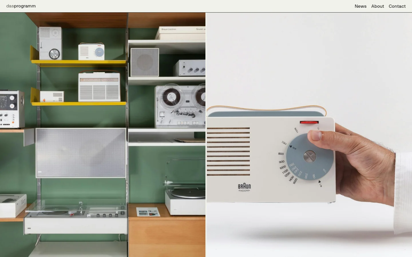 The desktop homepage features a minimalist layout with a large hero image of vintage Braun audio equipment displayed on green and yellow shelving. A navigation menu at the top includes links for News, About, and Contact, while the hero image shows a hand adjusting a dial on a white radio. The color palette is dominated by muted greens, yellows, and clean whites.