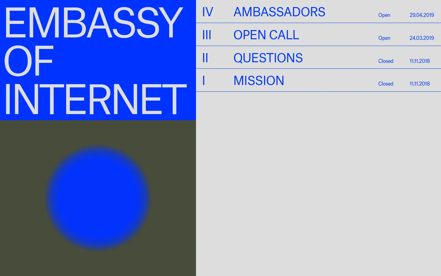 The desktop homepage features a split layout with a large blue block containing the white text 'EMBASSY OF INTERNET' and a blurry blue circle on a dark background on the left. The right side displays a light gray list of four menu items labeled I through IV: Mission, Questions, Open Call, and Ambassadors, each with a status and date. The design uses a minimalist, high-contrast color palette of blue, white, and gray.