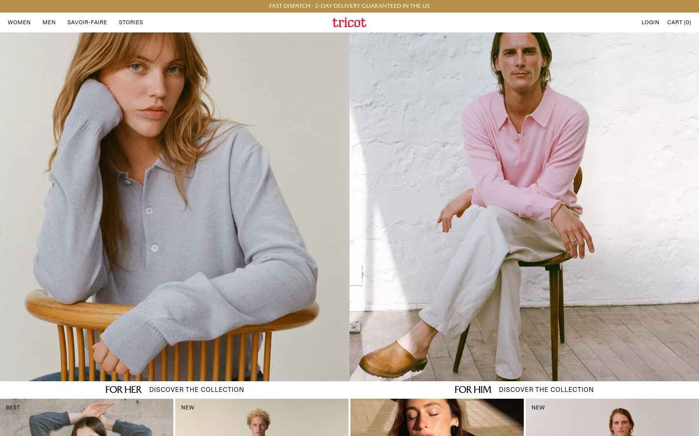 The desktop homepage features a minimalist design with a white background and a top navigation bar. The hero section consists of two large, side-by-side images: a woman in a light blue polo on the left and a man in a pink polo on the right, each with a 'DISCOVER THE COLLECTION' call to action. Below, a product grid displays various cashmere items with labels like 'BEST' or 'NEW' and pricing information.