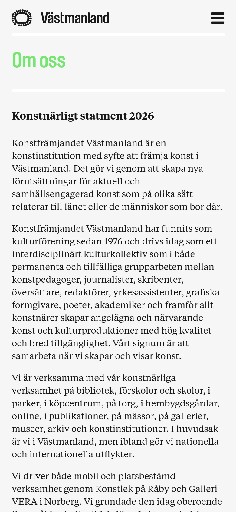 The mobile version simplifies the layout into a single column with a top header containing the logo and a hamburger menu icon on the right. The sidebar menu from the desktop version is removed, and the 'Om oss' heading and text content span the full width of the screen.