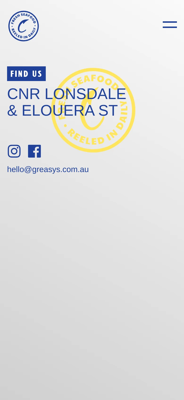The mobile version presents a simplified layout with a centered logo and a hamburger menu icon at the top right. The central content includes the 'FIND US' heading, the address in large blue text, a large yellow circular emblem, and social media icons with an email link below.