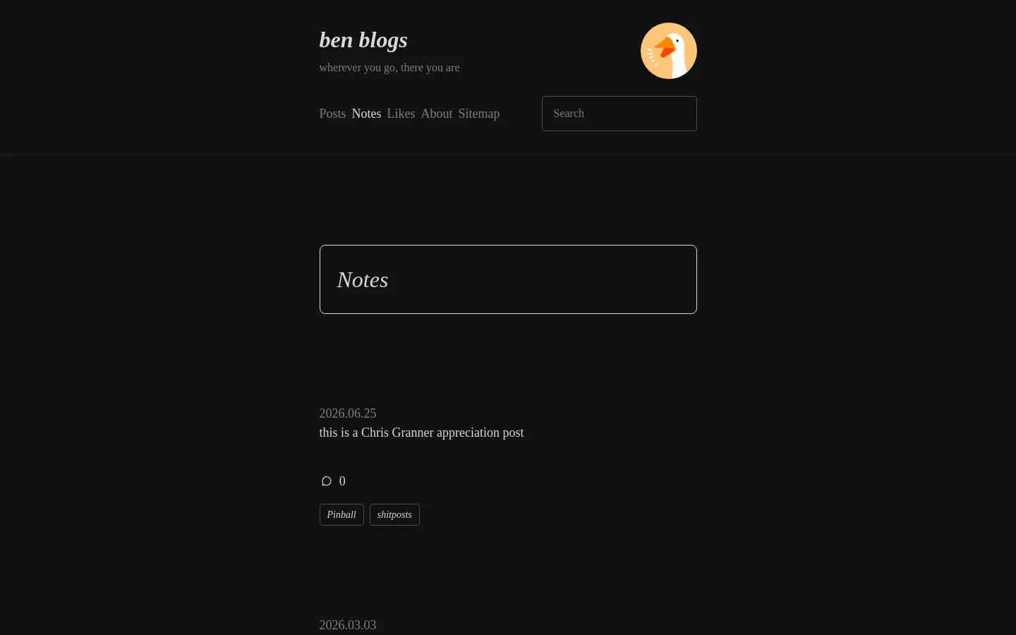 The Notes page of ben blogs features a dark minimalist design with white text. A header contains the site name, a tagline, a circular duck icon, and a navigation menu with links to Posts, Notes, Likes, About, and Sitemap, alongside a search bar. The main content area displays a list of blog entries under a large 'Notes' heading, each showing a date, title, excerpt, comment count, and category tags.