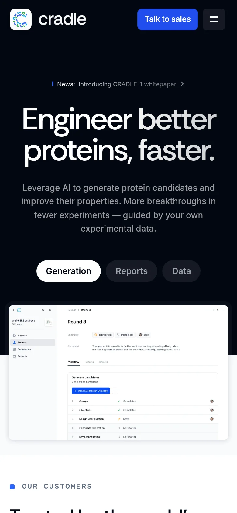 The mobile version presents a vertically stacked layout with the headline and subtext centered at the top. The navigation menu is condensed into a hamburger icon, and the software interface mockups are scaled down to fit the narrow screen width, maintaining the dark aesthetic.