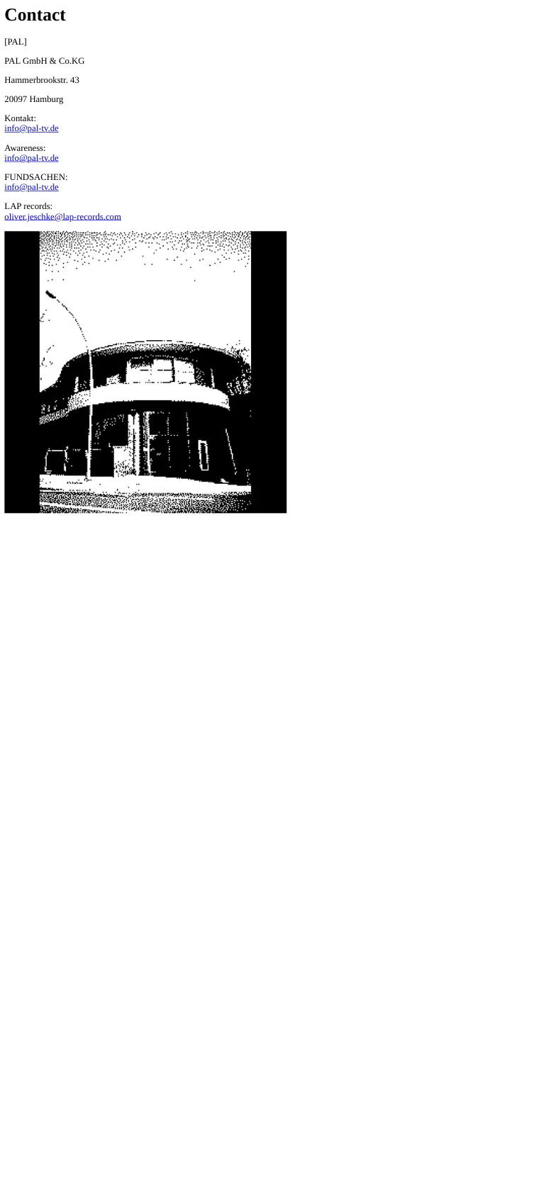 The mobile version presents a single-column layout where the contact information and email links are stacked vertically at the top. The large, grainy black-and-white architectural image is positioned directly below the text content, filling the width of the screen.