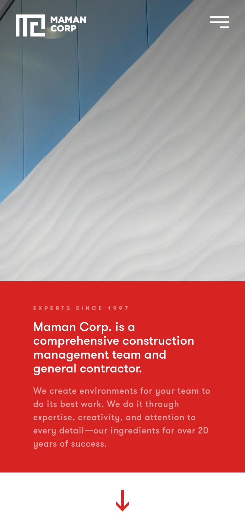 The mobile version presents a vertically stacked layout with the hero image at the top, showing the same blue and white wavy interior. Below the image, a large red section contains the company's main headline and mission statement in white text. A hamburger menu icon is visible in the top right, and a large red downward arrow at the bottom encourages scrolling.