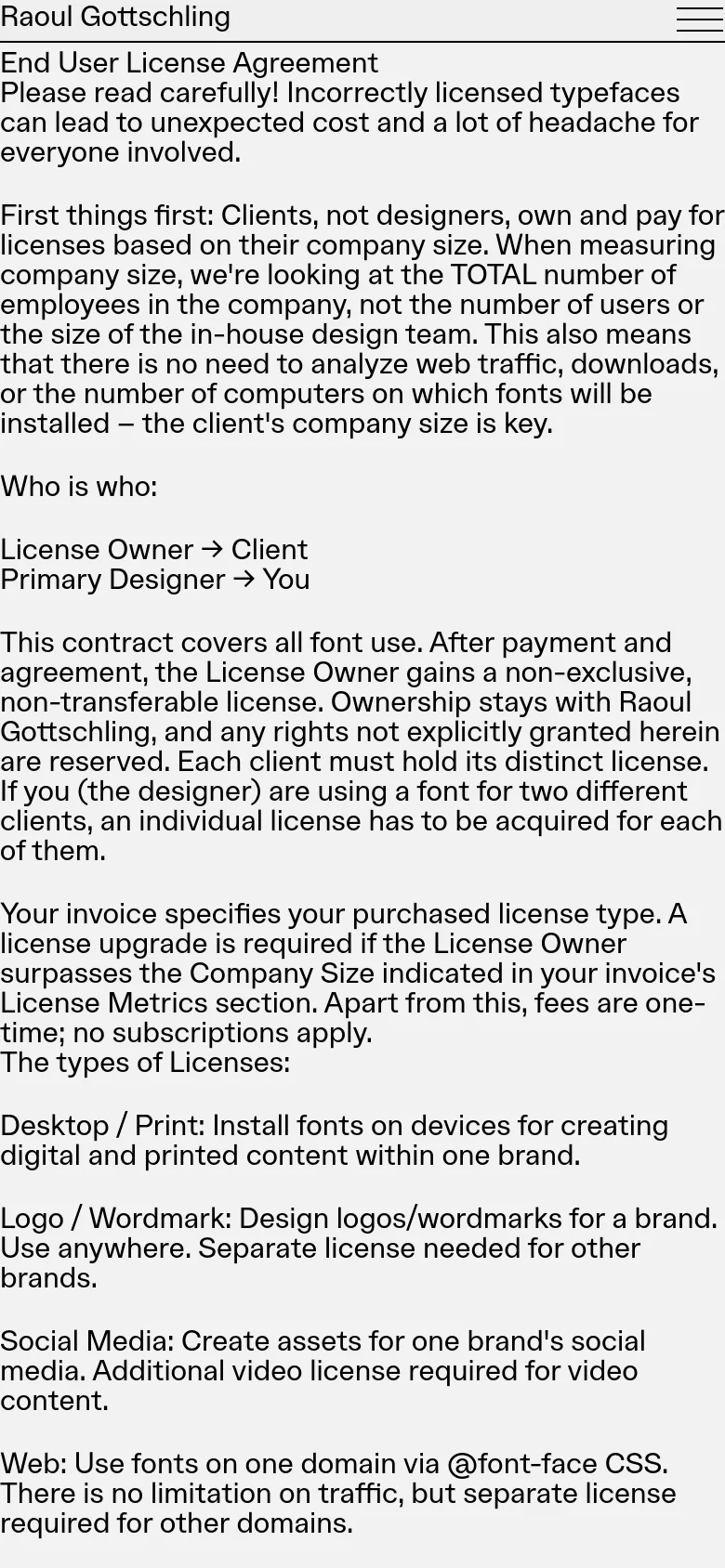 The mobile version maintains the minimalist black-and-white aesthetic but utilizes a condensed single-column layout. The top navigation is replaced by a hamburger menu icon, and the text is scaled for readability on a smaller screen, with the 'End User License Agreement' heading appearing prominently at the top.