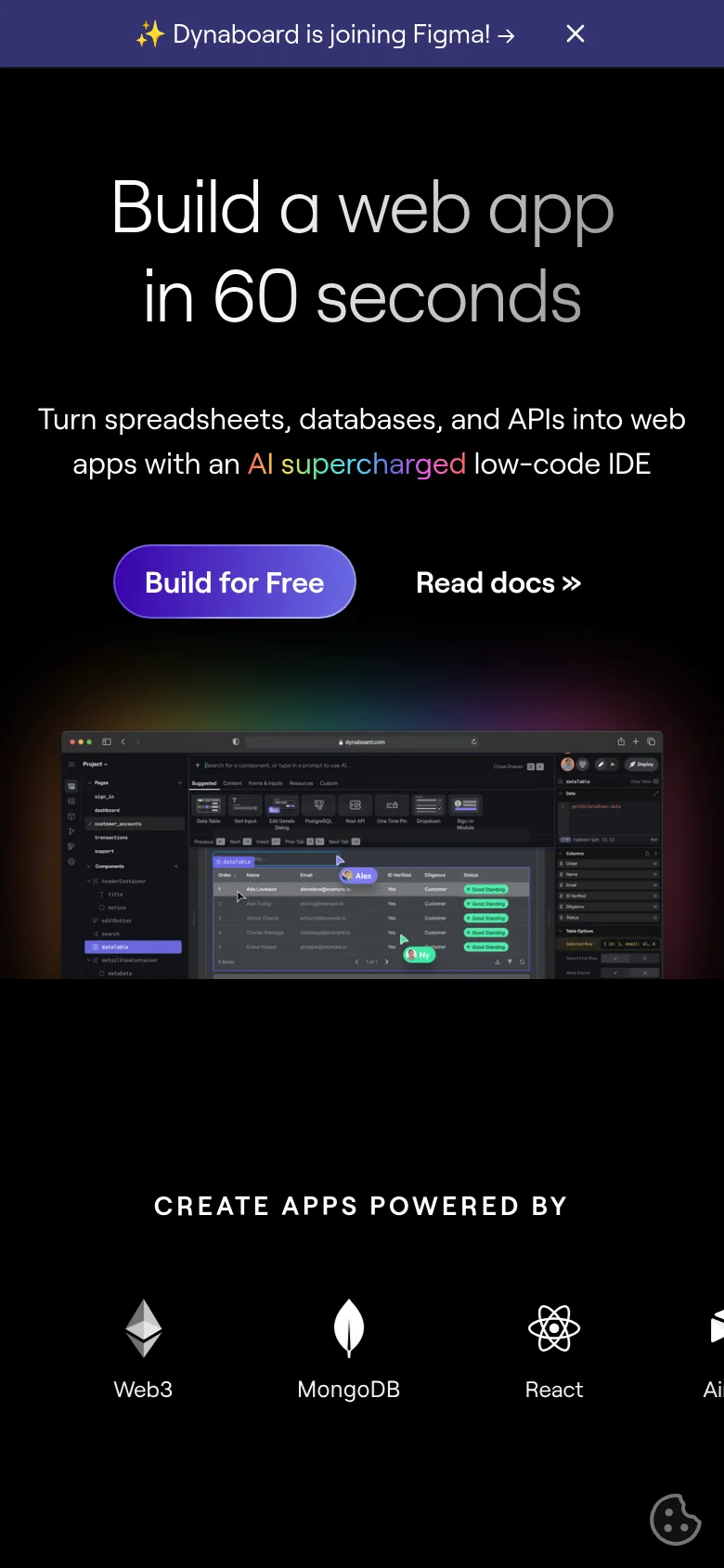 The mobile version maintains the dark theme and large white headline, but the layout is vertically stacked to fit narrow screens. The 'Build for Free' button and 'Read docs' link are centered, and the software interface screenshot is scaled down to fit the width of the device. The bottom section highlights integrations like Web3, MongoDB, and React with icons.