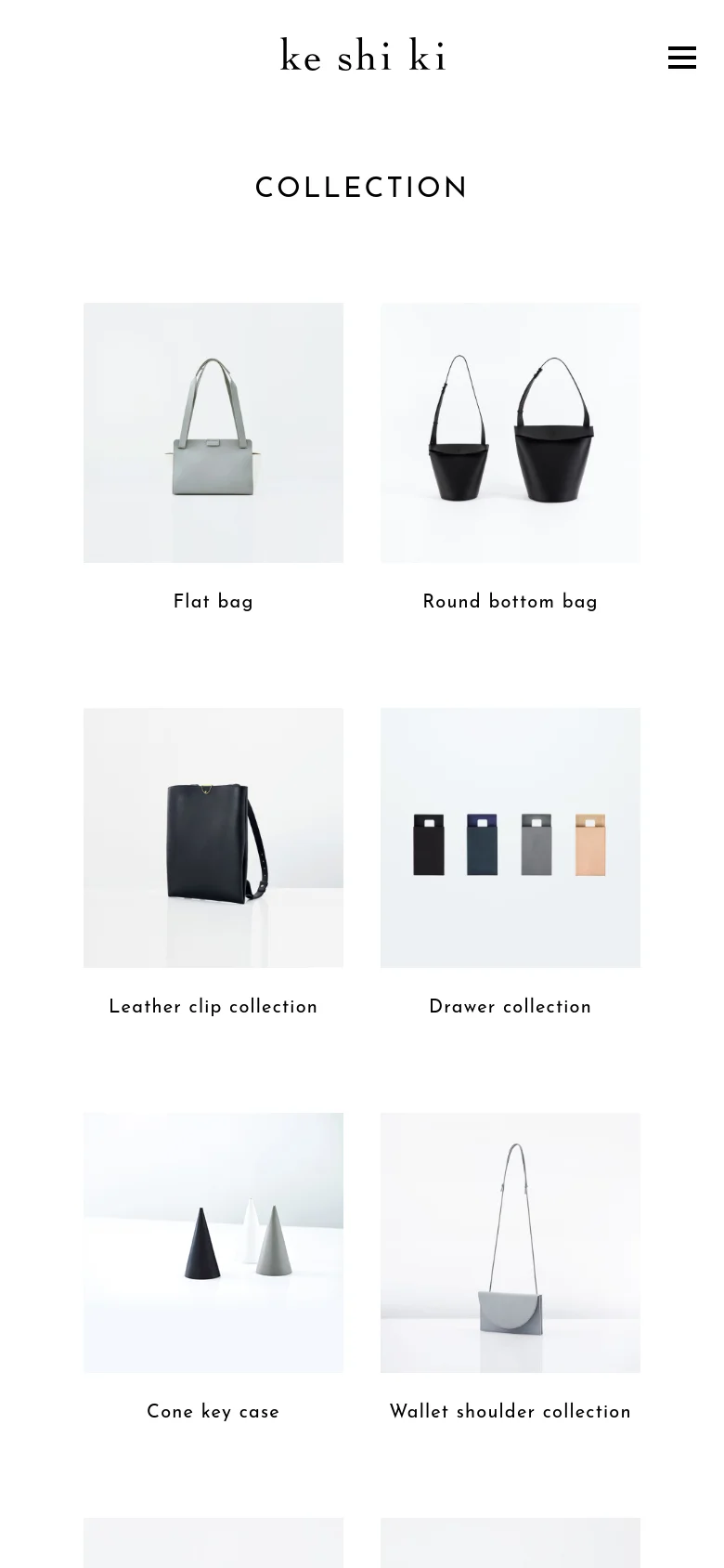 The mobile version maintains the clean, white aesthetic but uses a simplified header with a hamburger menu icon. The product grid shifts to a narrower, vertical arrangement, displaying items like the Flat bag and Drawer collection in a single or double column for easier scrolling on smaller screens.
