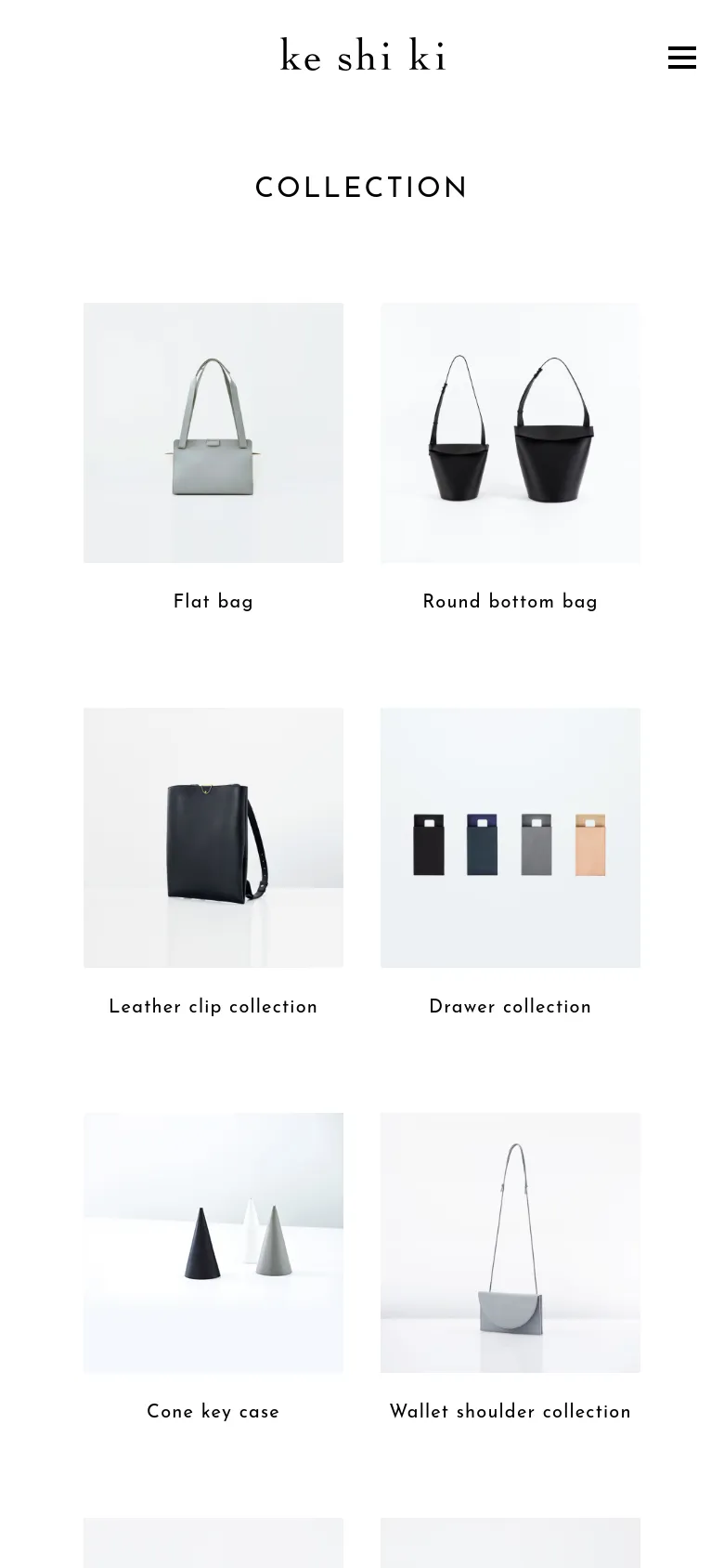 The mobile version maintains the clean, white aesthetic but uses a simplified header with a hamburger menu icon. The product grid shifts to a narrower, vertical arrangement, displaying items like the Flat bag and Drawer collection in a single or double column for easier scrolling on smaller screens.