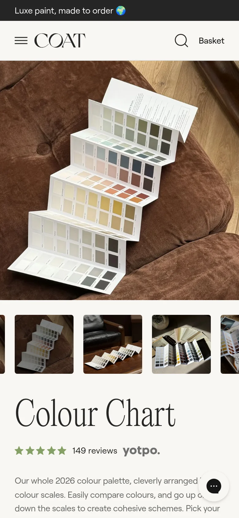 Mobile version of the Colour Chart page with a stacked layout. The hero image of the paint swatch deck appears at the top, followed by a row of smaller product thumbnail images, the 'Colour Chart' headline, star ratings, and product description text.
