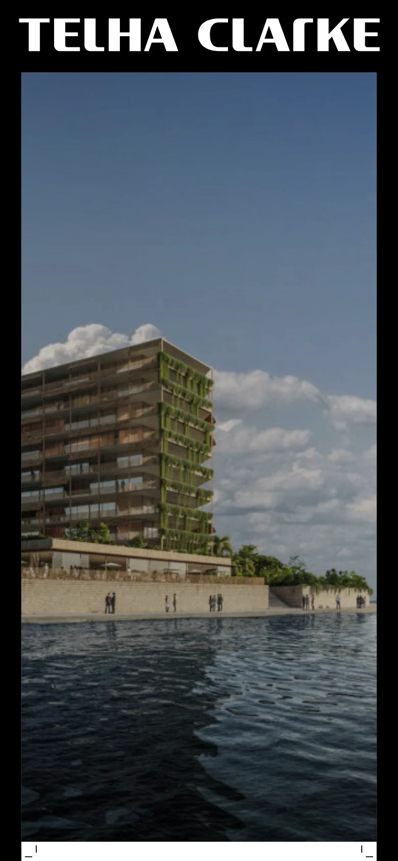 The mobile version presents a vertically oriented view, focusing heavily on the hero image of the modern building and water, which fills most of the screen. The large 'TELHA CLARKE' logo remains prominent at the top, but the navigation and text elements are condensed to fit the narrower viewport, emphasizing the visual imagery over the wide layout.