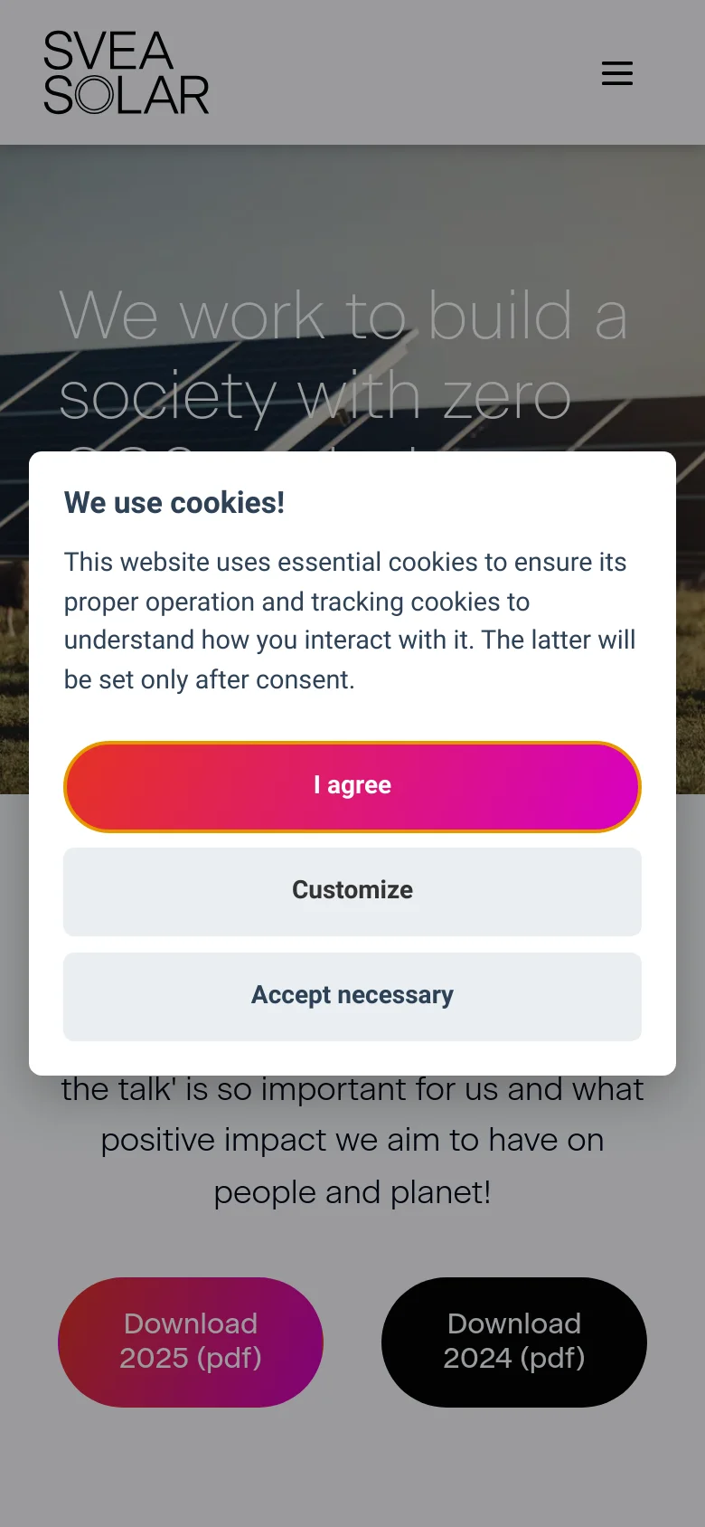 The mobile version shows a vertically stacked layout with the hero image and headline at the top, followed by the sustainability report section. The two download buttons are arranged vertically instead of side-by-side, and a large cookie consent modal occupies the center of the screen, obscuring most of the content.