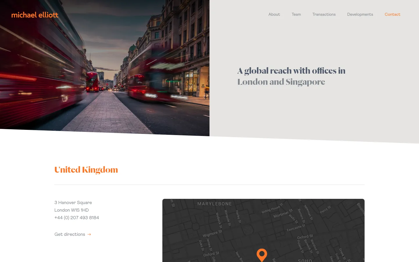 The desktop page features a large hero section with a motion-blurred street scene of red buses in London, overlaid with the headline 'A global reach with offices in London and Singapore'. Below, the 'United Kingdom' section displays a physical address and a 'Get directions' link next to an embedded interactive map showing the Marylebone area.