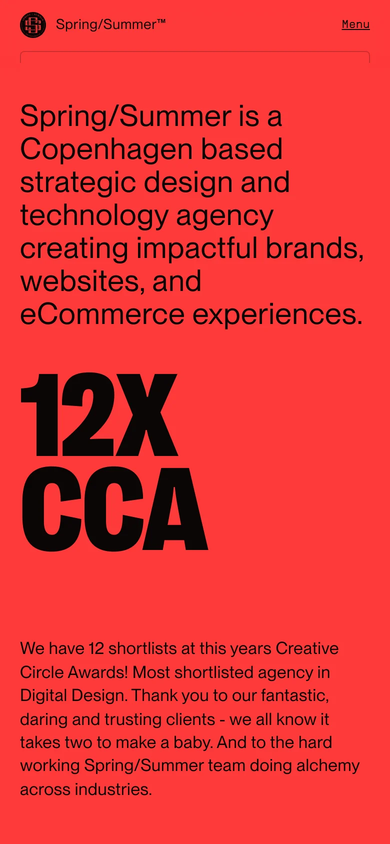 The mobile version maintains the high-contrast red and black color scheme but transitions to a single-column vertical layout. The large hero text and '12X CCA' headline are stacked vertically to fit the narrow screen, and the desktop navigation is replaced by a simple 'Menu' link in the top right corner.