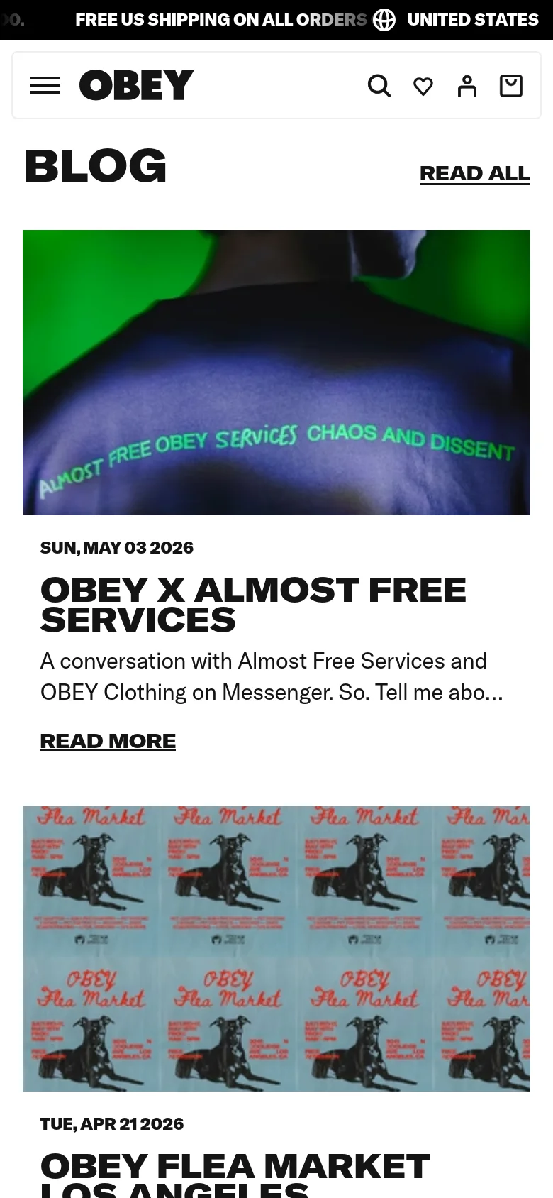 The mobile version presents a simplified vertical layout with a hamburger menu, OBEY logo, and search, heart, user, and bag icons at the top. The 'BLOG' title is followed by a 'READ ALL' link, with the featured article showing a single large image above the headline 'OBEY X ALMOST FREE SERVICES' and its description. The content is stacked vertically to fit the narrow screen width.