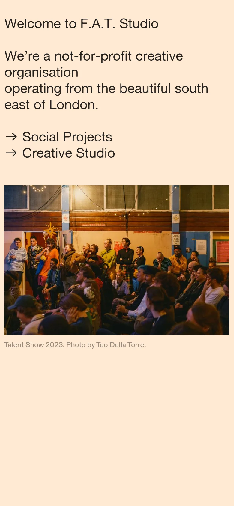 The mobile version maintains the cream background and black text but rearranges the layout into a single vertical column. The headline and description appear at the top, followed by the two arrow-led links, and the hero image of a group of people is positioned below the text links.