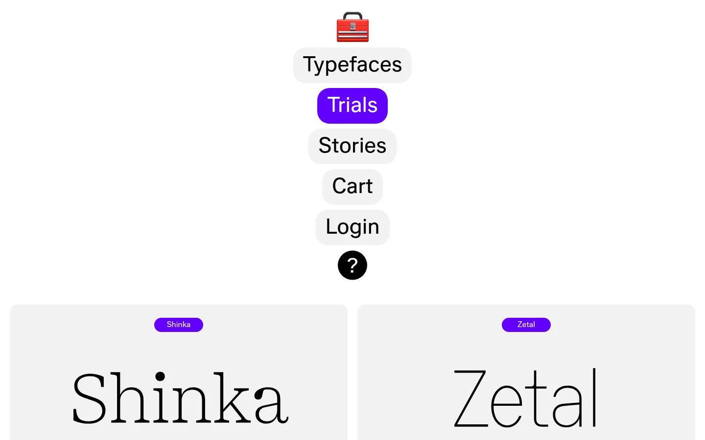 The Aeiou Tools homepage features a minimalist white background with a centered navigation menu containing links for Typefaces, Trials, Stories, Cart, and Login. Below the menu, a grid of typeface cards displays large specimen text like 'Shinka' and 'Zetal' inside light grey containers, each labeled with a small purple pill-shaped tag.