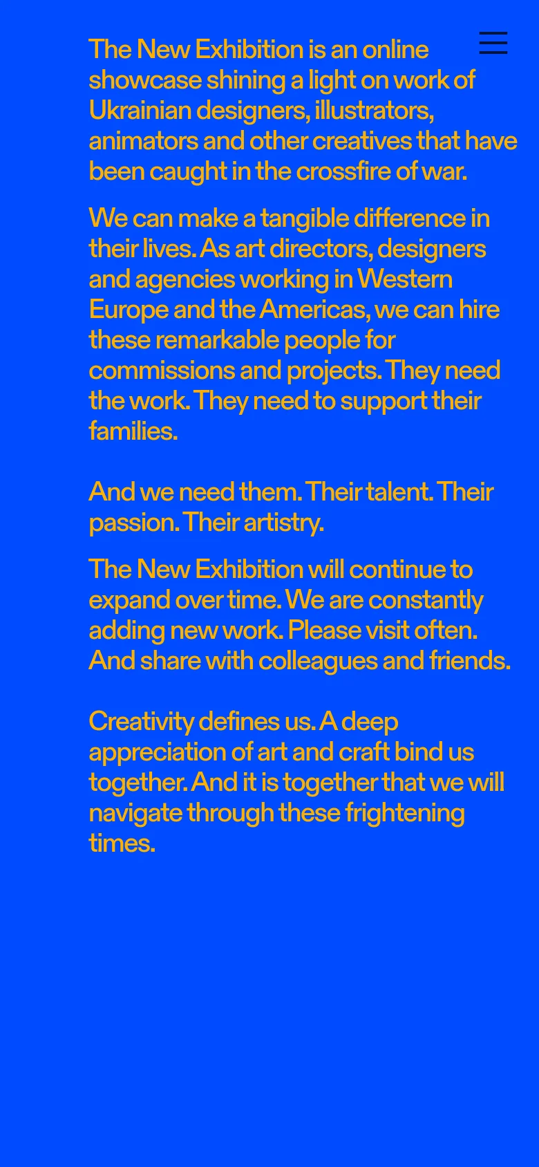 The mobile version maintains the solid blue background and yellow text but shifts to a single-column vertical layout. A hamburger menu icon appears in the top right corner, and the text is stacked vertically for easier reading on a narrow screen.