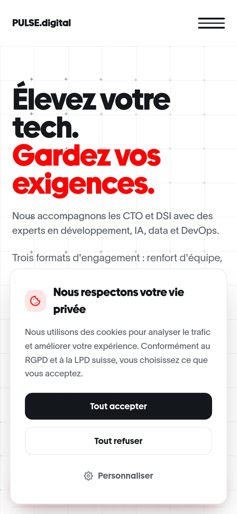 The mobile version presents a vertically stacked layout optimized for small screens. The large bold headline is centered, and the navigation is condensed into a hamburger menu icon at the top right. The cookie consent banner is prominently centered at the bottom of the viewport, covering a significant portion of the screen.