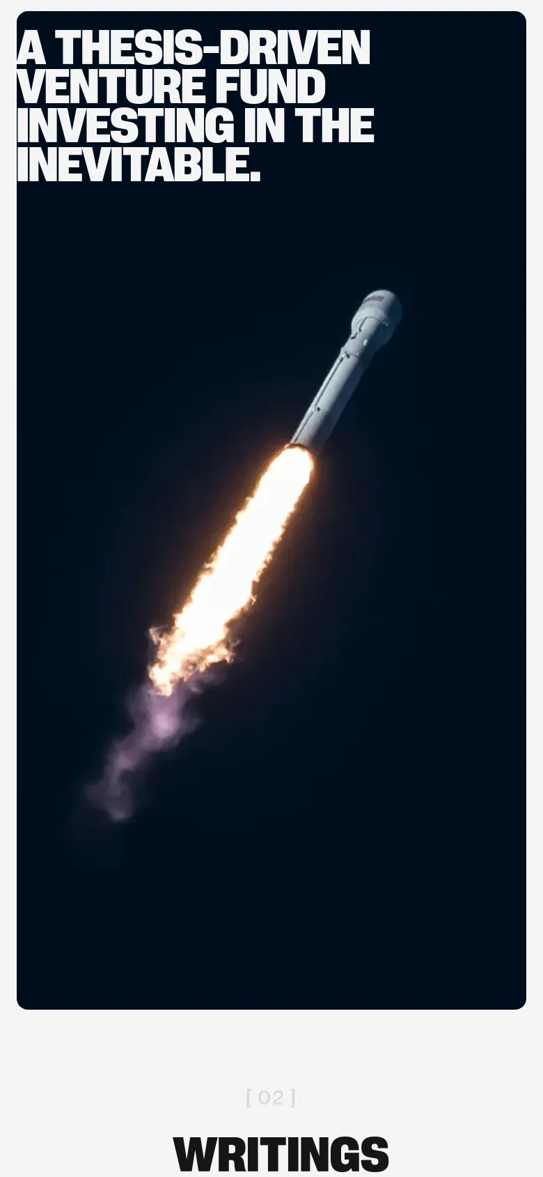 The mobile version presents a vertically stacked layout where the hero image of the rocket launch and the large white headline occupy the full width of the screen. The left sidebar from the desktop version is removed, focusing entirely on the high-contrast imagery and typography.