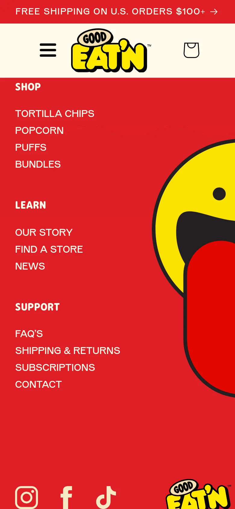 The mobile version displays a simplified header with a hamburger menu, the brand logo, and a shopping bag icon on a cream background. The red footer is vertically stacked, showing the Shop, Learn, and Support navigation links in a single column alongside social media icons and the brand logo.