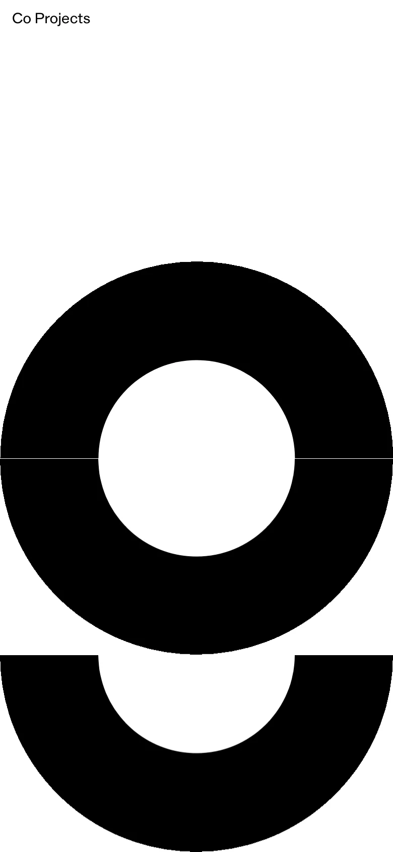 The mobile version displays a simplified layout with the 'Co Projects' title at the top and a large, vertically stacked black graphic element centered on a white background.