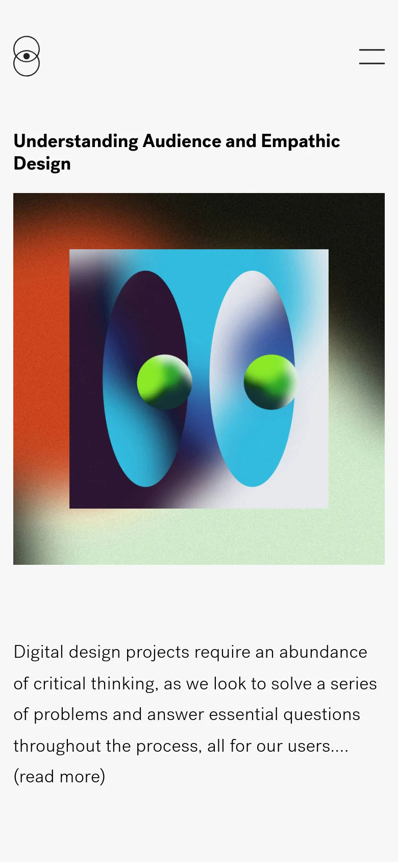 The mobile version features a simplified layout with a centered headline and a large, full-width version of the abstract blue and green graphic. The navigation is condensed into a hamburger menu icon at the top right, and the text content follows below the image in a single column.
