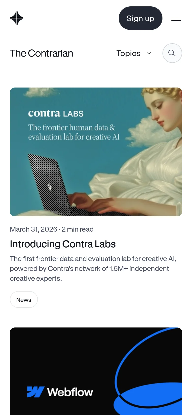 The mobile version of the blog page simplifies the layout, moving the navigation links into a hamburger menu next to a prominent 'Sign up' button. The 'The Contrarian' header is followed by a search icon and a 'Topics' dropdown, with the featured 'Introducing Contra Labs' article appearing in a single-column vertical stack.