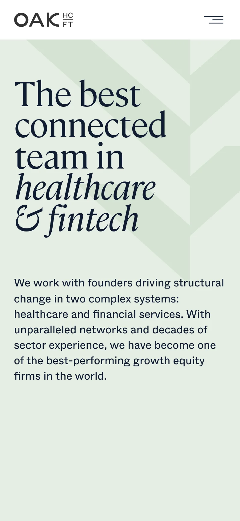 Mobile version of the homepage with a vertical layout. The headline and descriptive text are centered and stacked above the hero image, which shows a close-up of people working in an office. The top navigation is condensed into a hamburger menu icon next to the Oak HC/FT logo.
