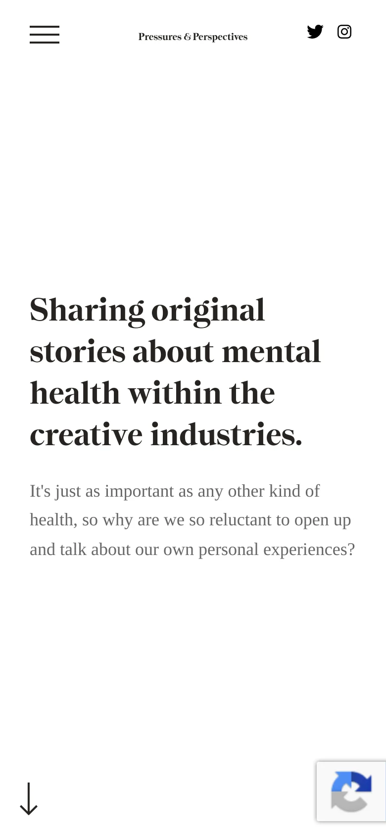 The mobile version maintains the minimalist white and black theme but uses a stacked layout. The headline and subheadline are centered and take up the middle of the screen, while the eye icon is removed from the hero section. The navigation is condensed into a hamburger menu icon at the top left, with social media icons at the top right.