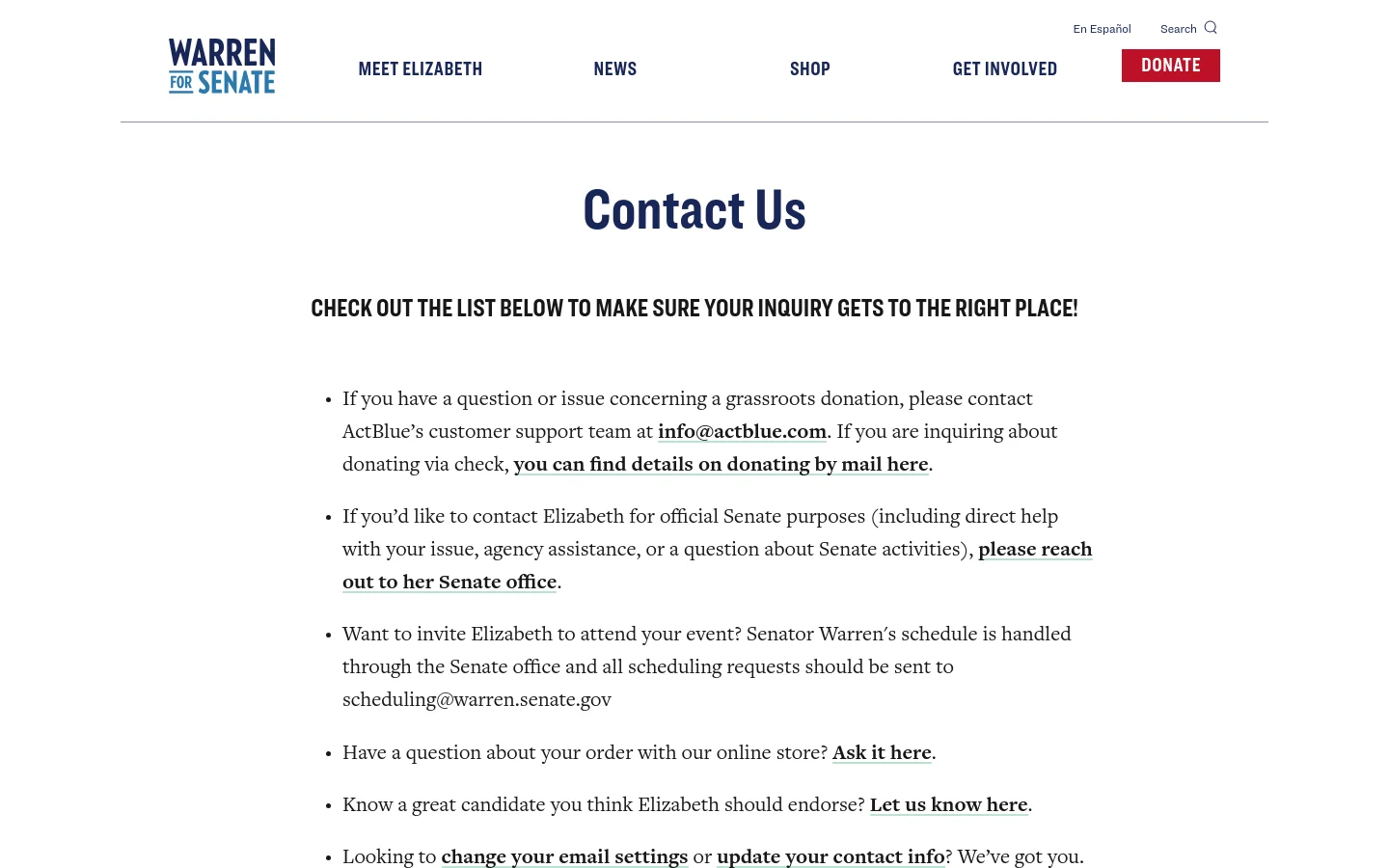 The desktop Contact Us page features a clean white background with a centered navy blue 'Contact Us' headline and a list of contact instructions. The header includes the 'Warren for Senate' logo, navigation links for Meet Elizabeth, News, Shop, and Get Involved, a search icon, and a prominent red 'Donate' button.