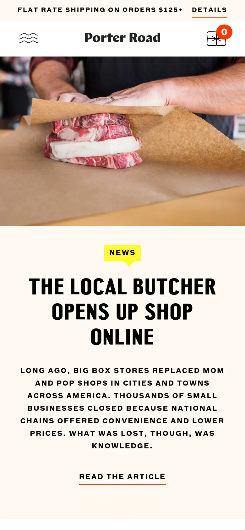 The mobile version presents a vertically stacked layout, starting with a large hero image of meat being wrapped in paper, followed by a prominent 'NEWS' tag and the main headline. The text and call to action are centered below the image to fit the narrow screen, and the top navigation bar is condensed with a hamburger menu and shopping cart icon.