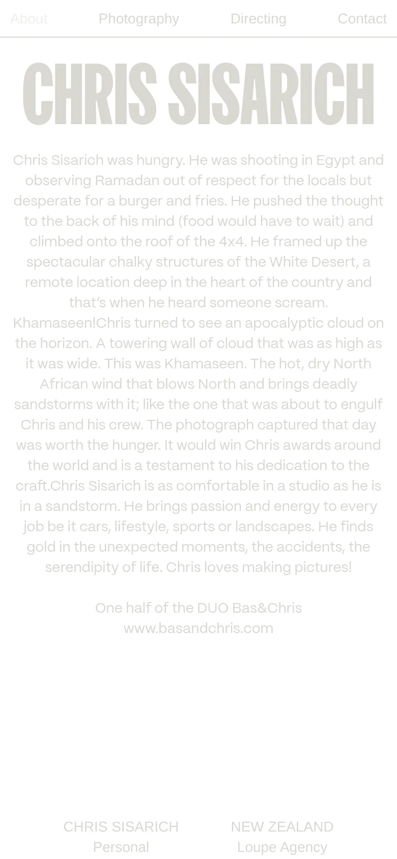 The mobile version maintains the minimalist white and light gray aesthetic but uses a single-column layout. The large 'CHRIS SISARICH' headline remains prominent at the top, followed by the biographical text and contact details stacked vertically for easier scrolling on a smaller screen.