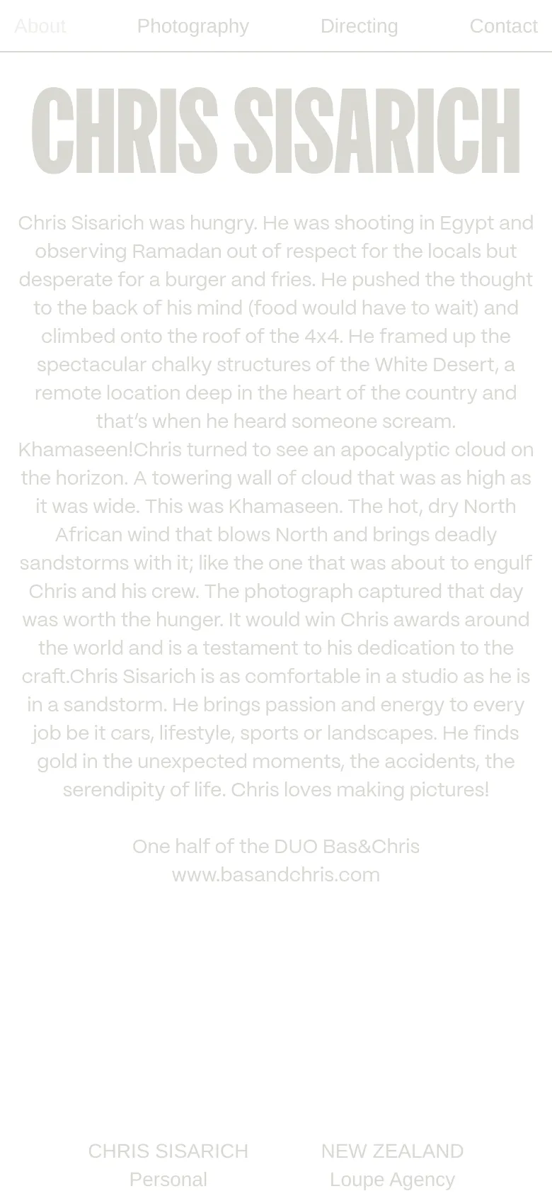 The mobile version maintains the minimalist white and light gray aesthetic but uses a single-column layout. The large 'CHRIS SISARICH' headline remains prominent at the top, followed by the biographical text and contact details stacked vertically for easier scrolling on a smaller screen.
